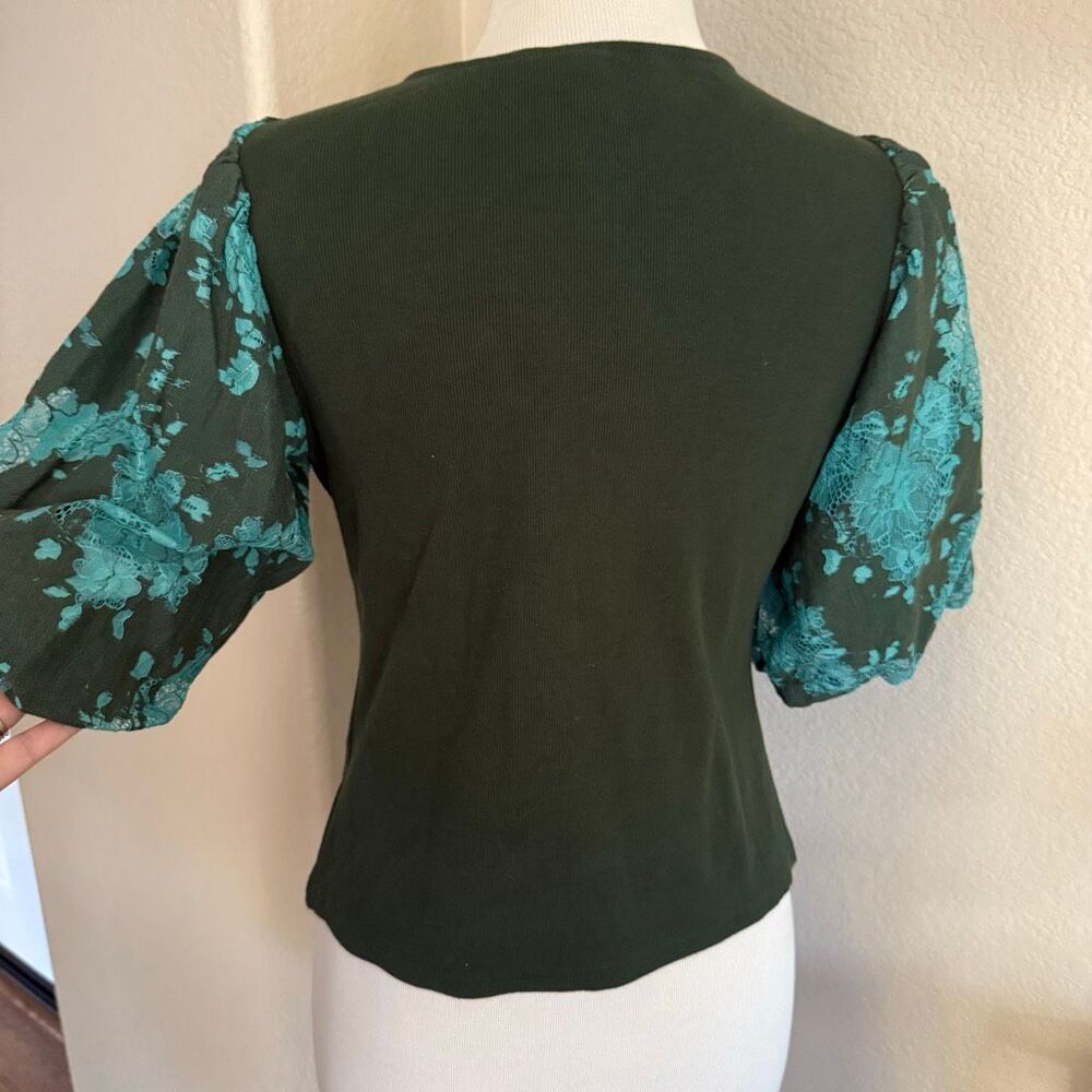 NWOT Anthropologie Dolan Womens V-neck Lace Puff Sleeve Top Holly Green Large - Picture 5 of 15